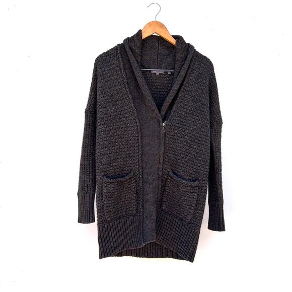 Vince Women’s Yak Wool Chunky Knit Cardigan Sweater Zip Cowl Neck Brown Cozy XS - Picture 2 of 9